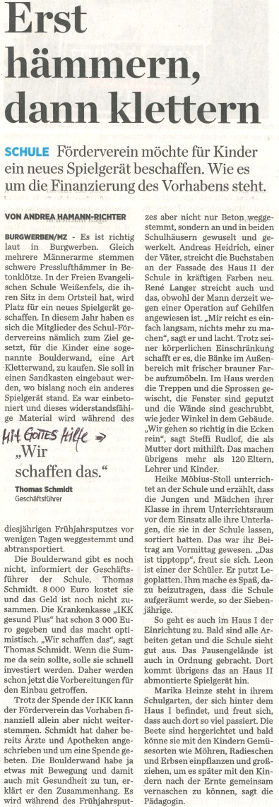 Artikel der Mitteldeutschen Zeitung/ Bereich Weißenfels vom 25.04.2019