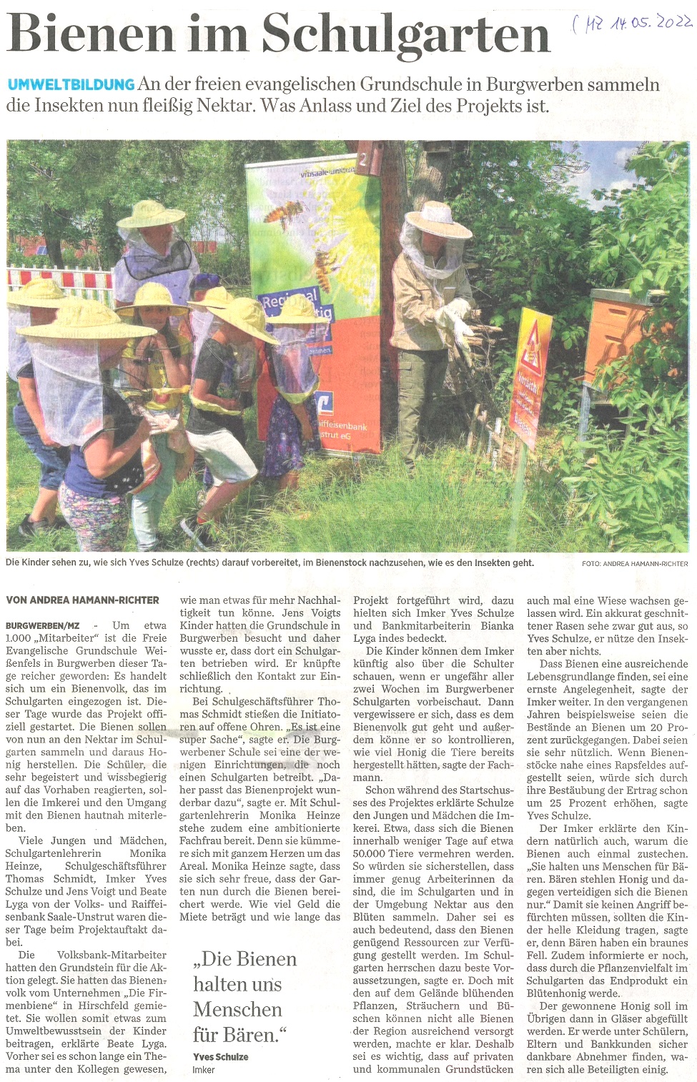 Artikel Mitteldeutsche Zeitung vom 14.05.2022 : Bienen im Schulgarten 